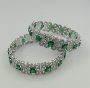Silver-Plated Bangles with Green Stone & American Diamond Detailing – Elegant Bridal & Party Wear (Set of 2)