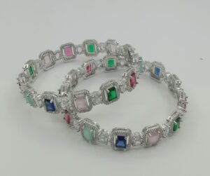 Multicolor Stone Silver-Plated Bangles – Elegant Party & Festive Wear Jewelry (Set of 2)
