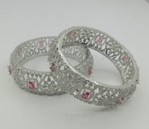Designer Silver-Plated Bangles with Pink Stones & Intricate Cutwork – Bridal & Festive Jewelry (Set of 2)
