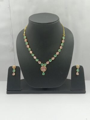 Elegant Pink & Green Stone Necklace Set with American Diamonds