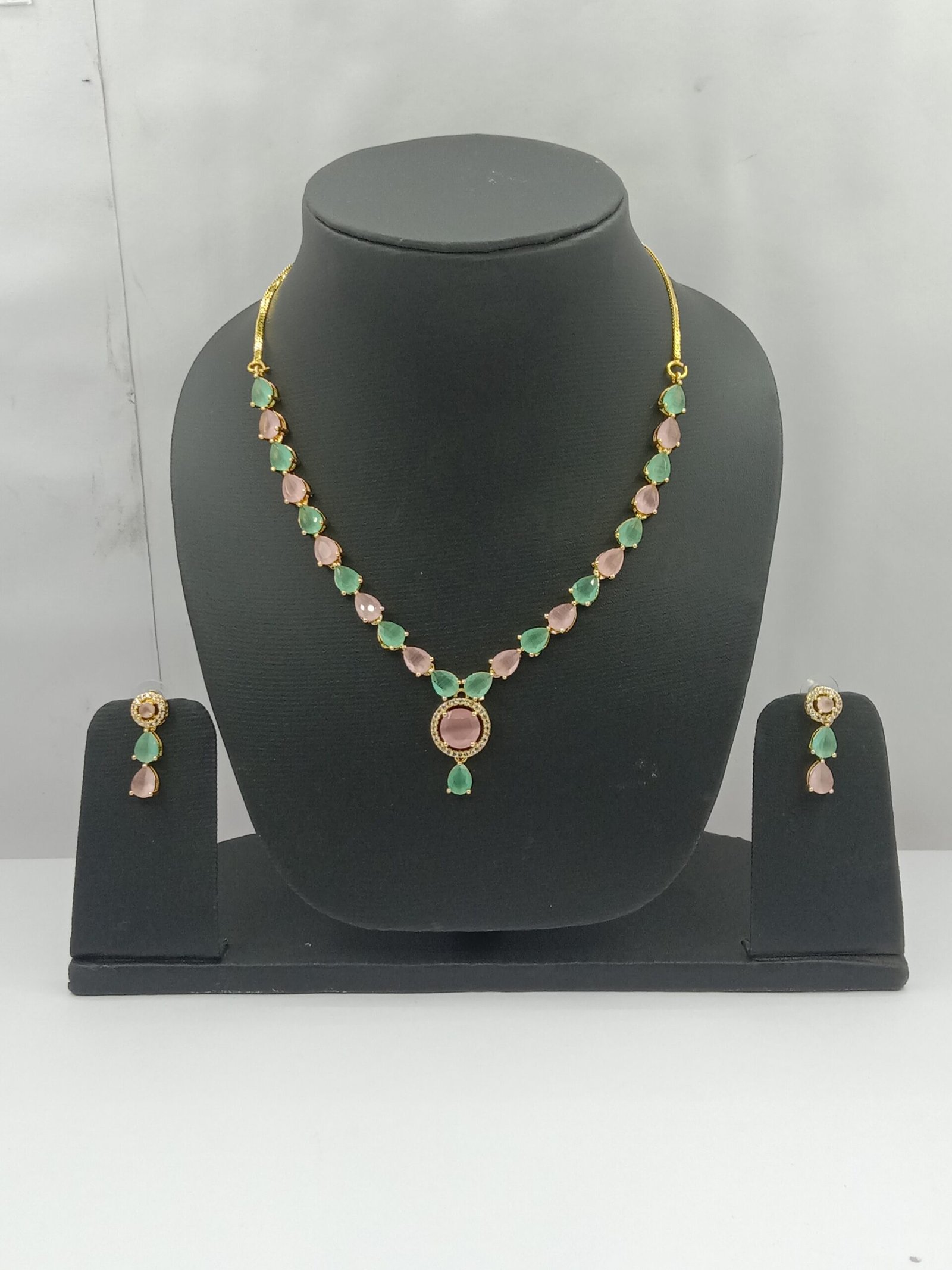 Elegant Pink & Green Stone Necklace Set with American Diamonds