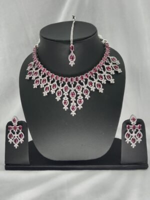 Royal Ruby Red American Diamond Necklace Set with Earrings & Maang Tikka