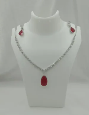 Silver Plated Necklace Set with Ruby Red Teardrop Pendant & Matching Earrings