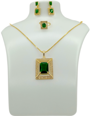 “Gold plated green stone pendant set with matching earrings and ring – artificial jewellery for weddings, parties, and festive occasions”