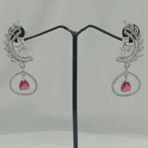Elegant Silver-Plated Drop Earrings with Pink Teardrop Stone & CZ Accents