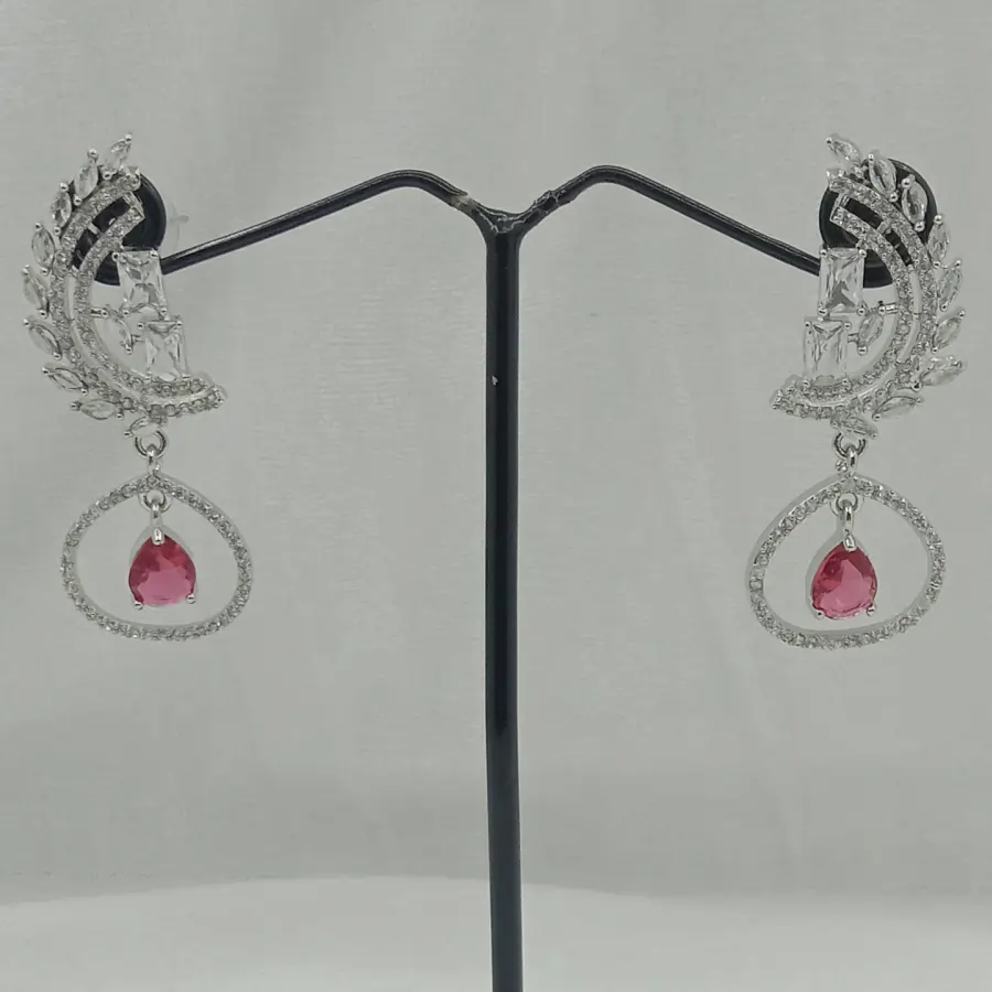 Elegant Silver-Plated Drop Earrings with Pink Teardrop Stone & CZ Accents