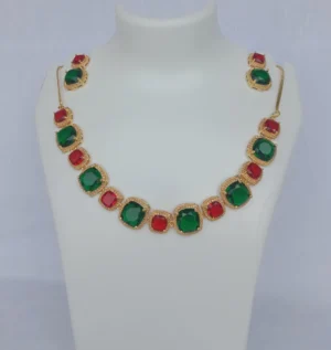 Affordable Gold Plated Necklace Set with Red & Green Stones