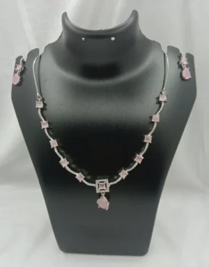 Silver Plated Necklace Set with Light Pink Stones – Elegant Necklace with Earrings for Women