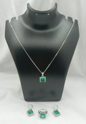 Silver Plated Necklace Set with Green Stone Pendant, Earrings & Finger Ring – Elegant Jewelry Combo