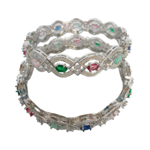 Elegant silver bangle set studded with multicolor stones – pink, green, blue, and red gemstones, perfect for weddings and parties.